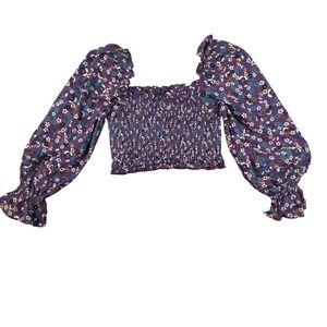 Band of the Free Agathe Smocked Crop Top Purple‎ Ivory Floral Long Sleeve Small